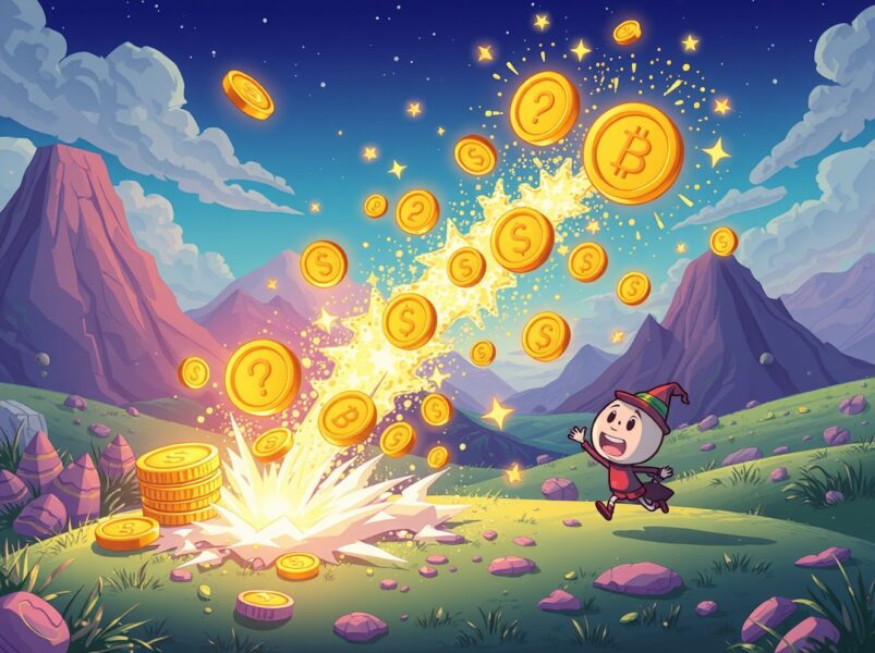 NXPC token burn transforming digital coins into sparkling magical dust in vibrant cartoon style