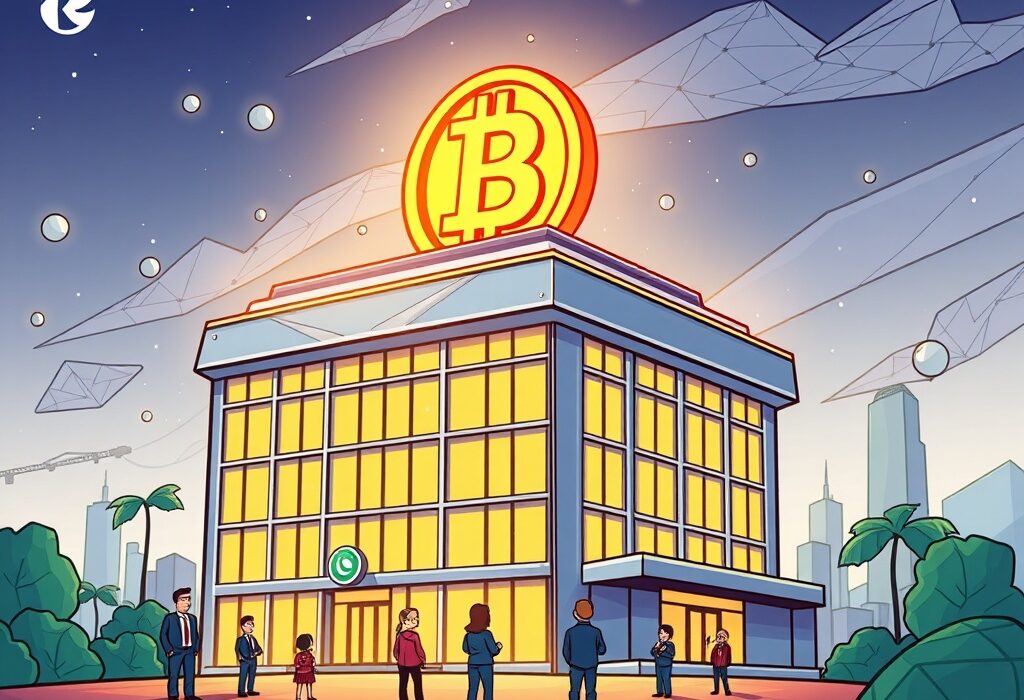 A vibrant cartoon illustration showing a large building with a glowing Bitcoin symbol, representing Next Technology Bitcoin holdings and significant corporate Bitcoin adoption.