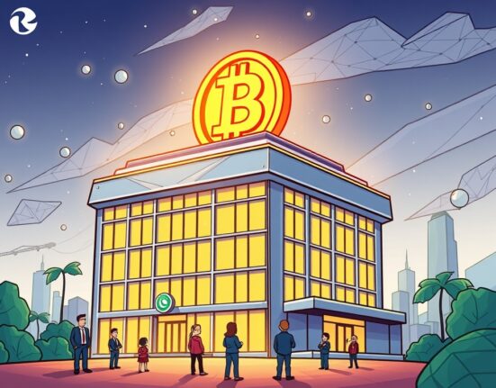 A vibrant cartoon illustration showing a large building with a glowing Bitcoin symbol, representing Next Technology Bitcoin holdings and significant corporate Bitcoin adoption.