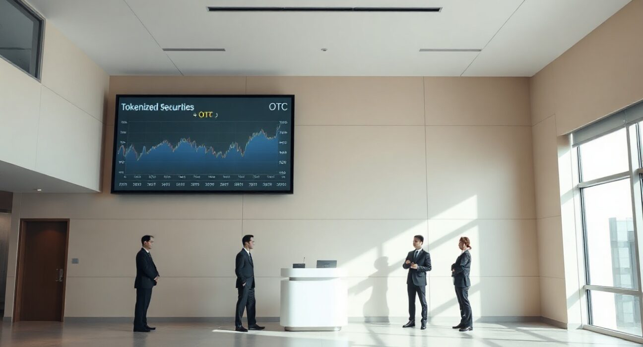 South Korean financial professionals on a modern trading floor with digital screens displaying tokenized securities and OTC market graphics.