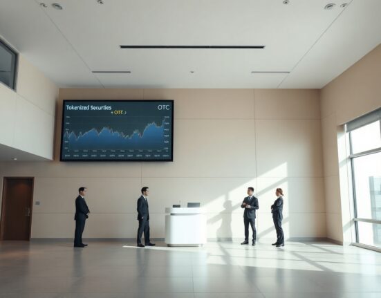 South Korean financial professionals on a modern trading floor with digital screens displaying tokenized securities and OTC market graphics.