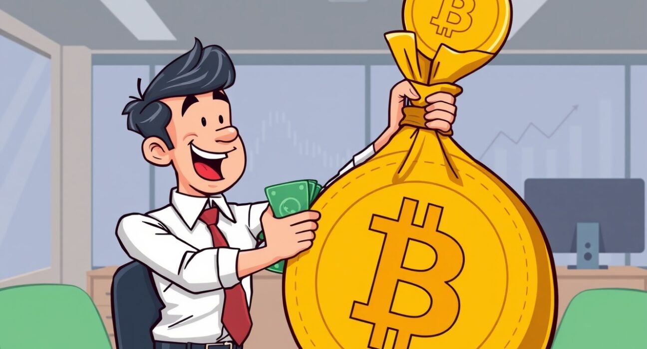 A company executive celebrates a successful fundraise for a significant Bitcoin acquisition, highlighting strategic crypto investment.