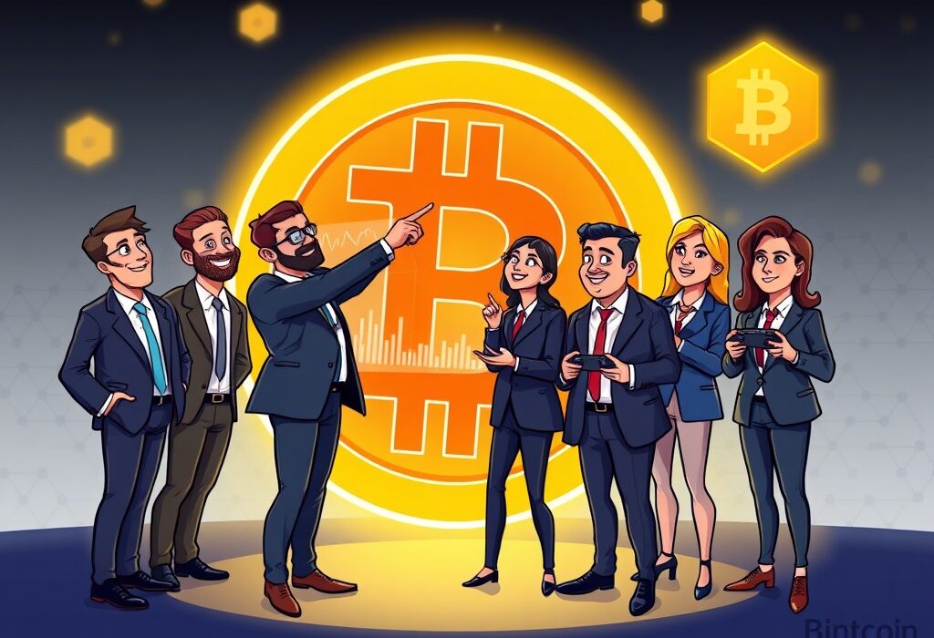 A cartoon illustration showing a company making a significant NEXUS Bitcoin purchase, symbolizing a strategic investment in the crypto market.