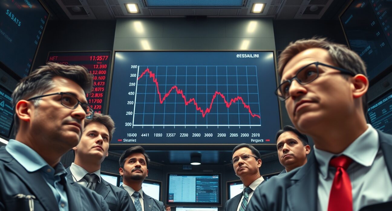 Traders watching a stock market board with a declining graph during a nonfarm payrolls release day