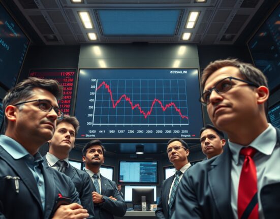 Traders watching a stock market board with a declining graph during a nonfarm payrolls release day