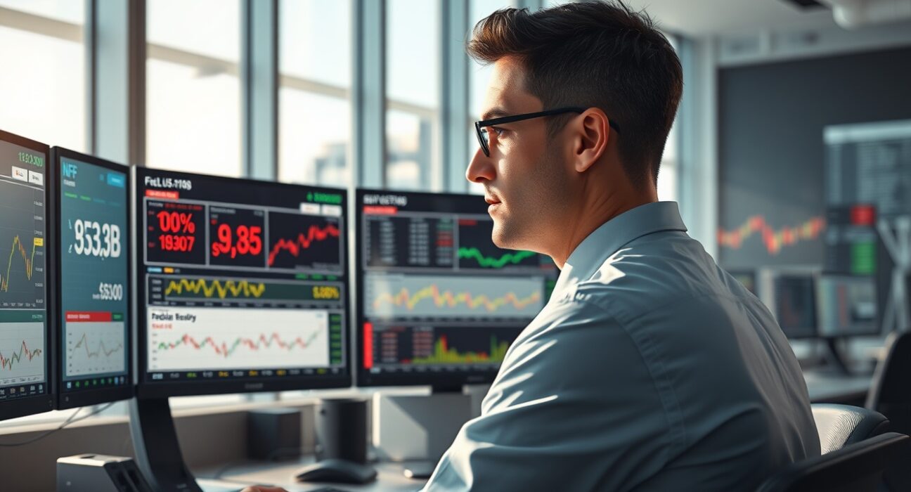 Financial analyst reviewing NFP employment data and USD currency analysis in trading environment