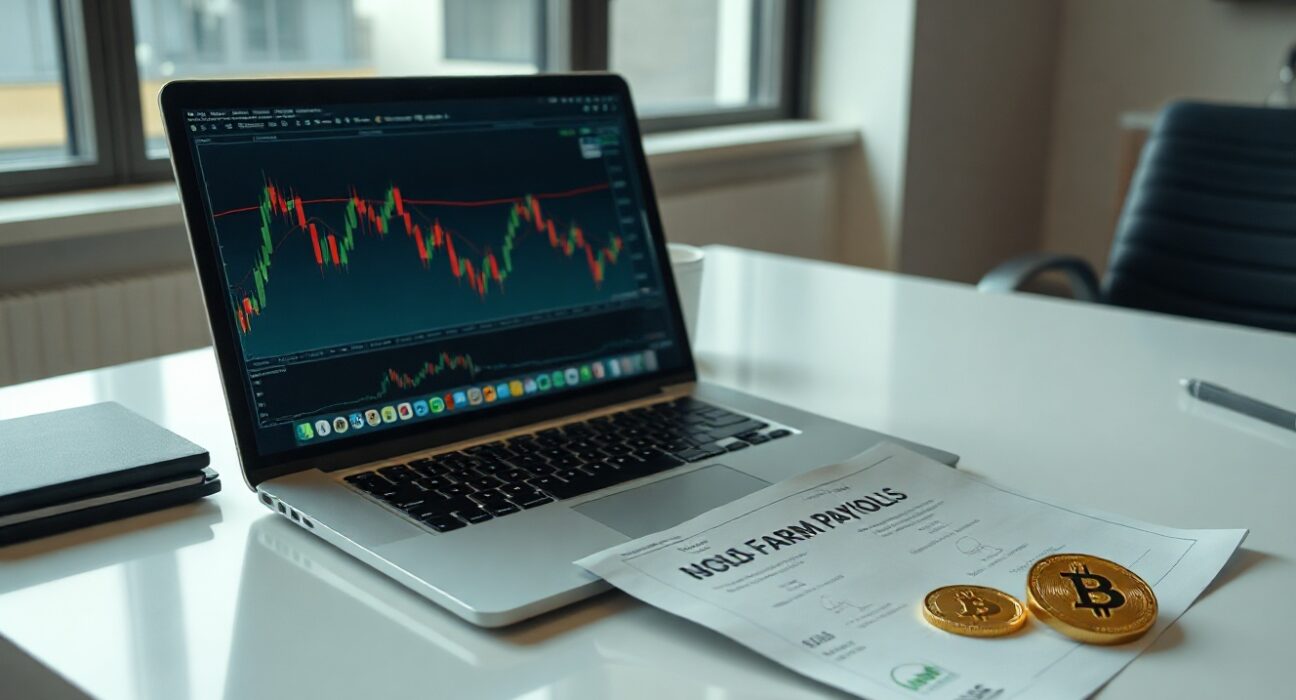 Bitcoin and gold charts on a laptop with a US jobs report in a newsroom setting
