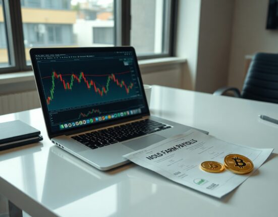 Bitcoin and gold charts on a laptop with a US jobs report in a newsroom setting