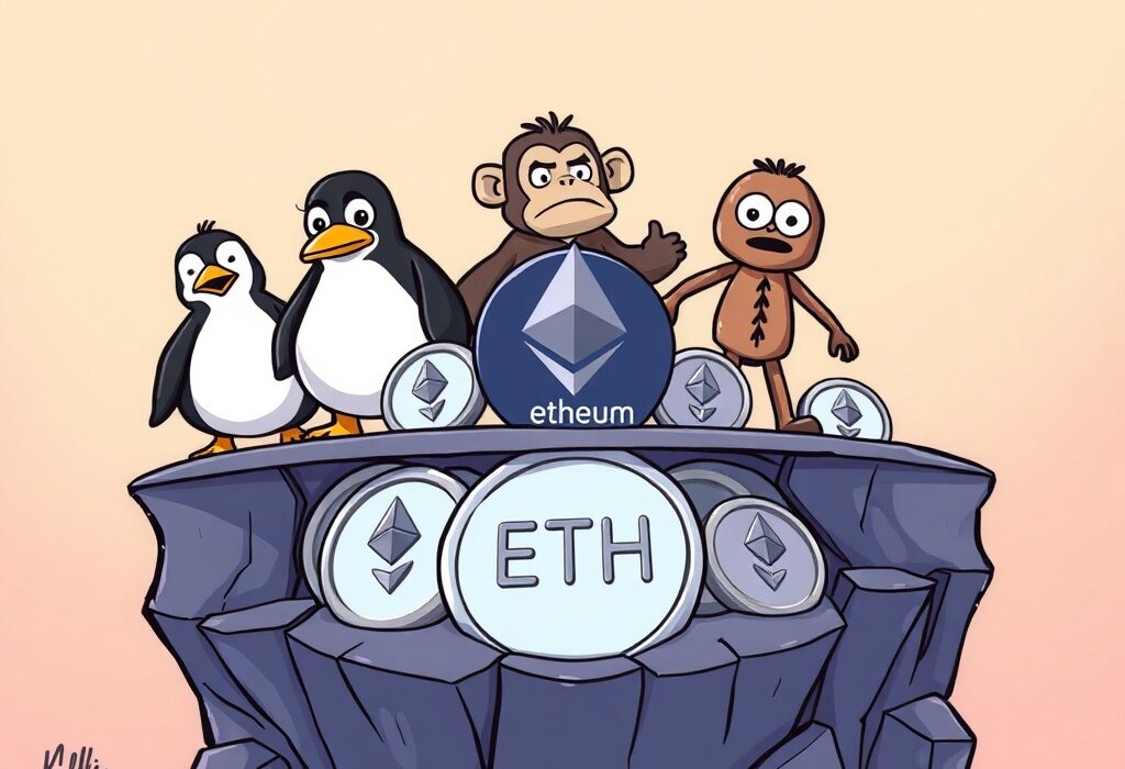 Cartoon illustration showing popular NFT characters experiencing significant NFT floor price drops due to Ethereum's market instability.