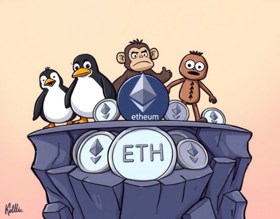 Cartoon illustration showing popular NFT characters experiencing significant NFT floor price drops due to Ethereum's market instability.