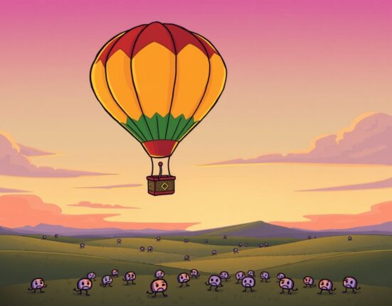 Cartoon illustration of the declining NFT market as a deflating digital trophy balloon.