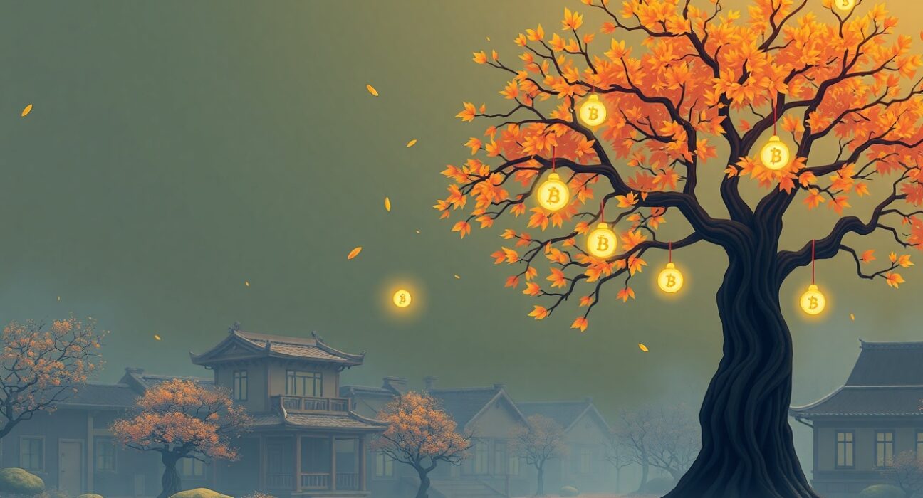 NFT market cap decline visualized as a serene, melancholic Ghibli-style digital landscape.