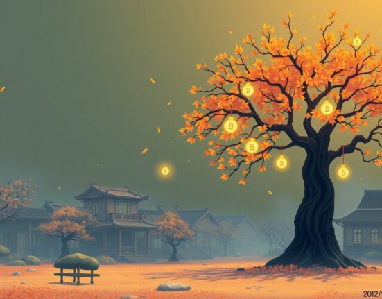 NFT market cap decline visualized as a serene, melancholic Ghibli-style digital landscape.