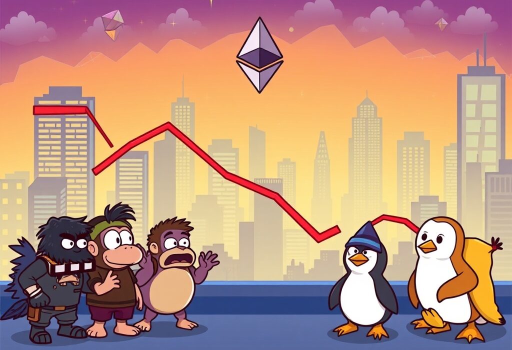 A cartoon illustration showing the significant drop in the NFT market cap, with digital art characters reacting to the decline.