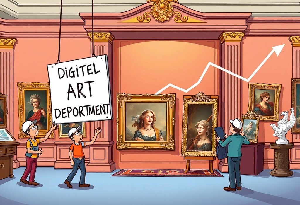 Cartoon showing a 'Digital Art' sign removed from an auction house, symbolizing the impact of the NFT market downturn on traditional art institutions.