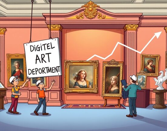 Cartoon showing a 'Digital Art' sign removed from an auction house, symbolizing the impact of the NFT market downturn on traditional art institutions.