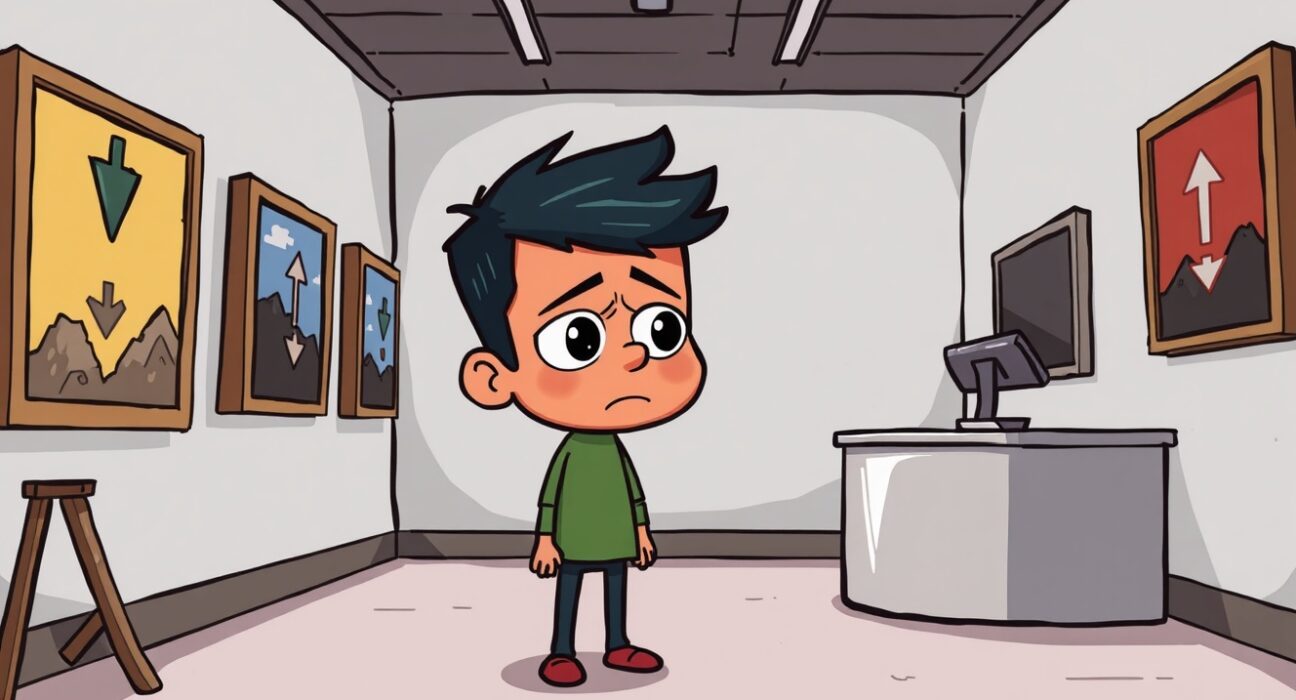 Cartoon illustration of the alarming yearly low in NFT sales volume, showing a dejected character in a digital gallery.