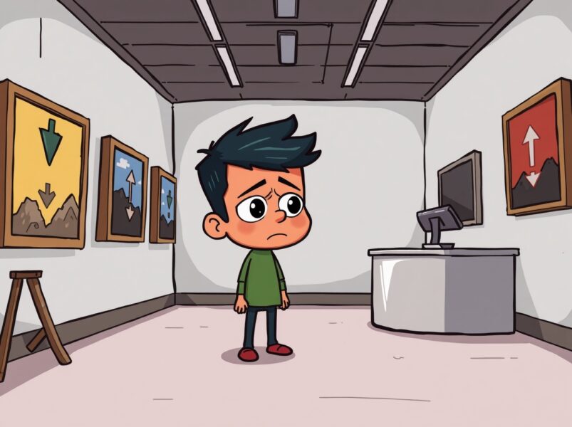 Cartoon illustration of the alarming yearly low in NFT sales volume, showing a dejected character in a digital gallery.