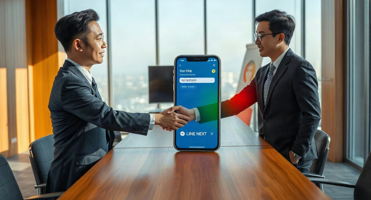 NHN KCP and LINE NEXT representatives shaking hands at a business meeting in Seoul