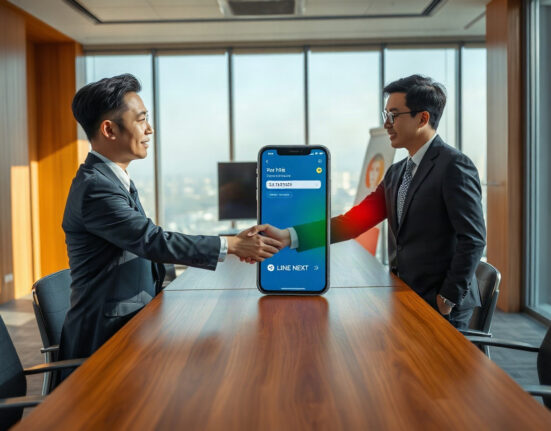 NHN KCP and LINE NEXT representatives shaking hands at a business meeting in Seoul