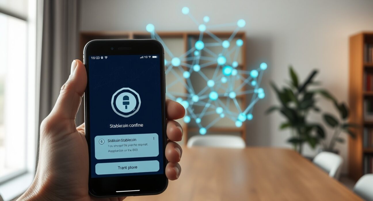 Secure stablecoin transaction on a blockchain network, representing the NHN KCP and NH Nonghyup Bank payment infrastructure partnership.