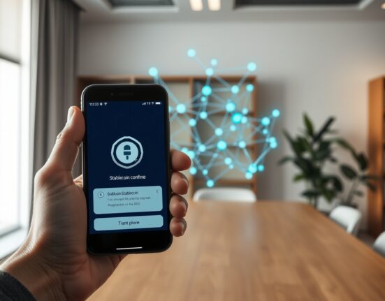 Secure stablecoin transaction on a blockchain network, representing the NHN KCP and NH Nonghyup Bank payment infrastructure partnership.