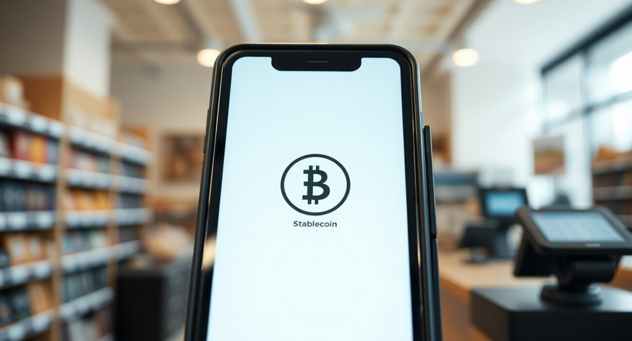 Payment terminal and smartphone showing a stablecoin payment interface in a retail store
