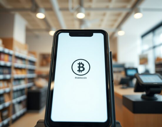 Payment terminal and smartphone showing a stablecoin payment interface in a retail store