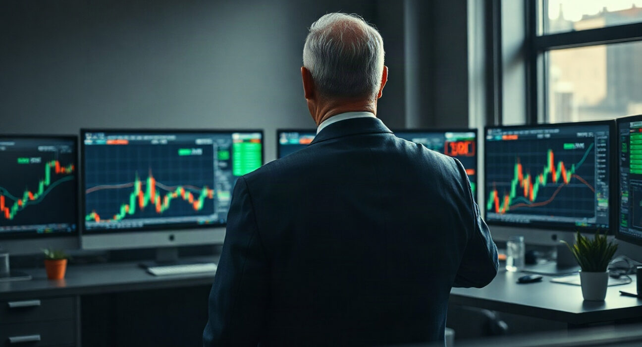 Professional trader at a modern desk with multiple monitors displaying market charts, representing ethical trading standards.