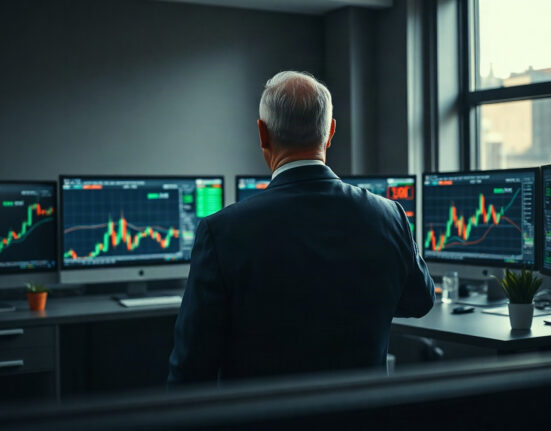 Professional trader at a modern desk with multiple monitors displaying market charts, representing ethical trading standards.