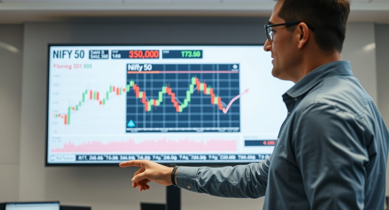 Analyst pointing at Nifty 50 chart showing three-wave pullback and rally pattern