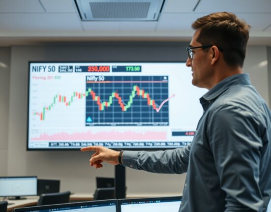 Analyst pointing at Nifty 50 chart showing three-wave pullback and rally pattern