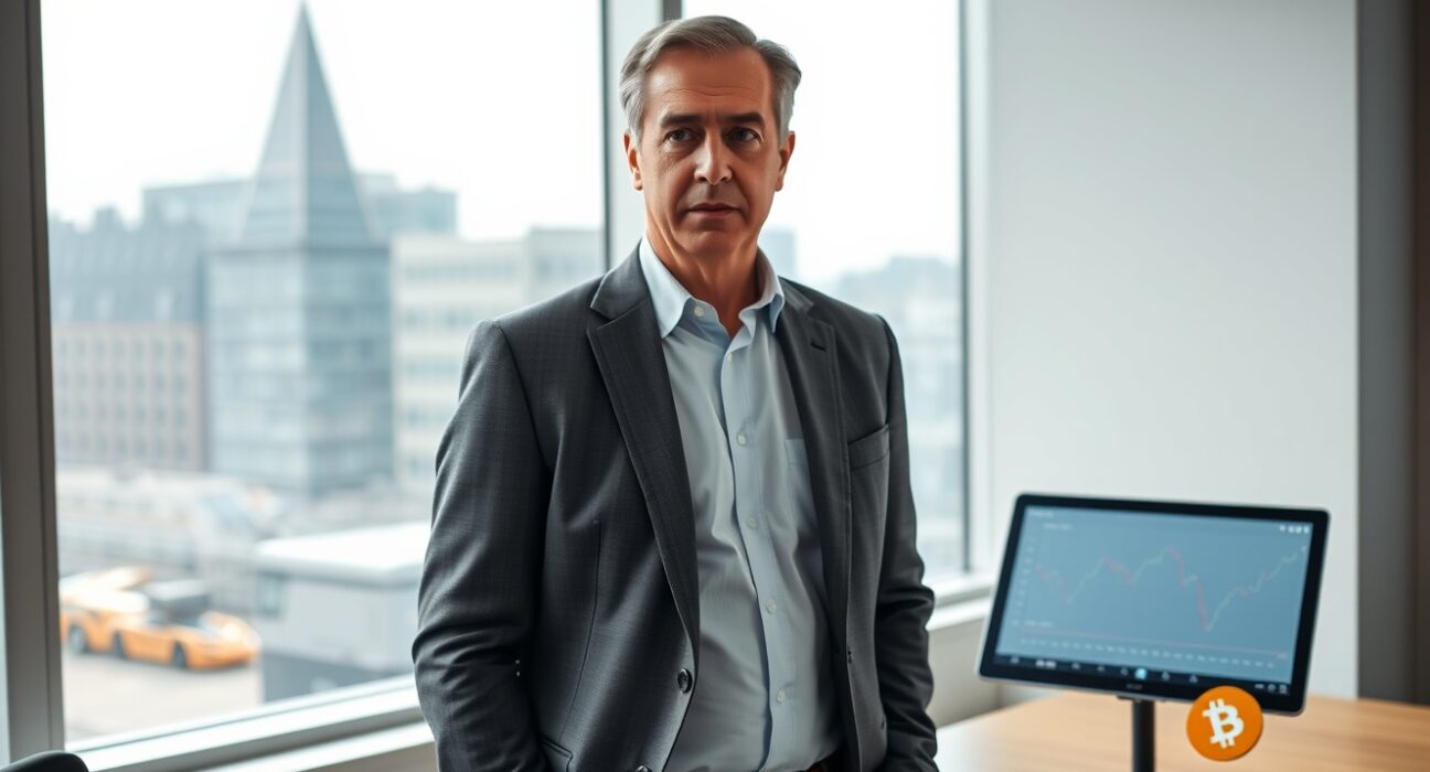 UK Reform Party leader Nigel Farage considering a Bitcoin investment in a professional setting.