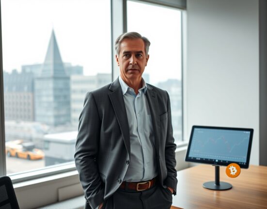 UK Reform Party leader Nigel Farage considering a Bitcoin investment in a professional setting.