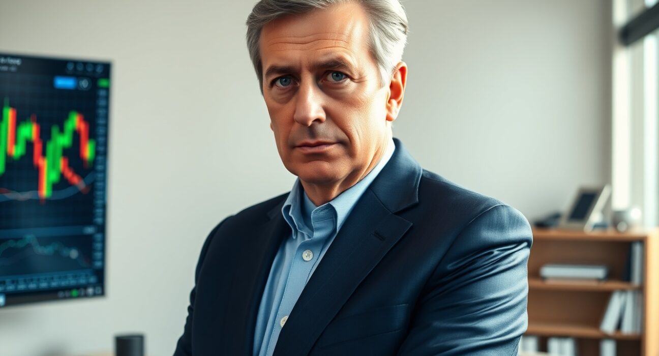 Nigel Farage portrait with cryptocurrency market charts in background representing his Bitcoin investment