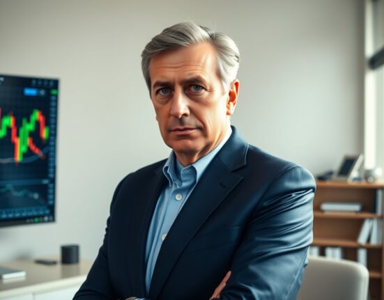 Nigel Farage portrait with cryptocurrency market charts in background representing his Bitcoin investment