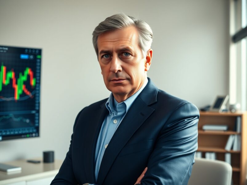 Nigel Farage portrait with cryptocurrency market charts in background representing his Bitcoin investment