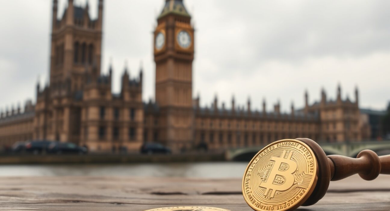 UK Parliament building with a gavel and Bitcoin coin in foreground symbolizing crypto lobbying investigation