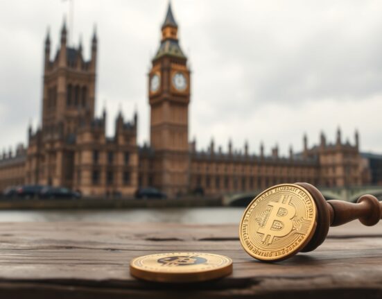 UK Parliament building with a gavel and Bitcoin coin in foreground symbolizing crypto lobbying investigation