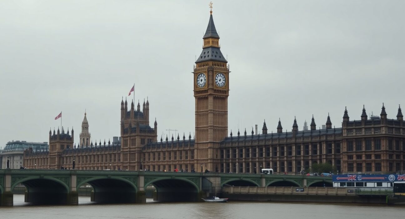 Palace of Westminster and Big Ben in London on a cloudy day, representing UK Parliament and political news.