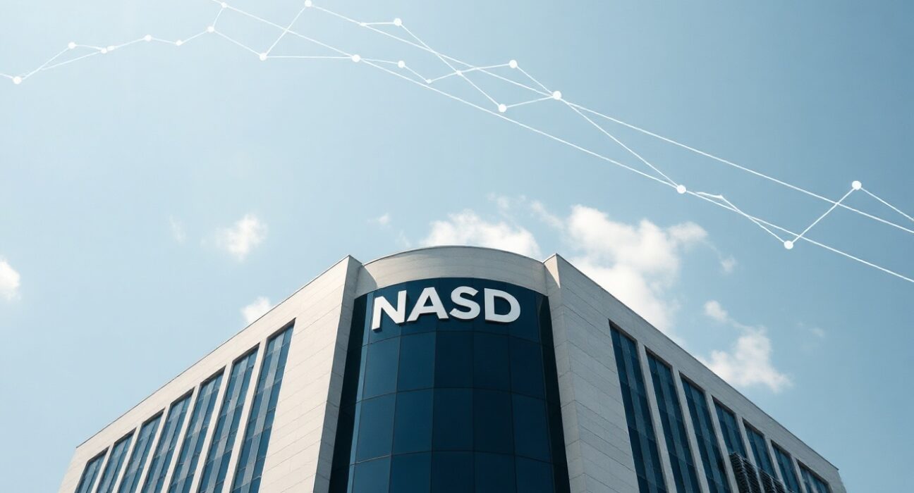 NASD headquarters in Abuja with digital blockchain and stock chart overlay