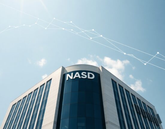 NASD headquarters in Abuja with digital blockchain and stock chart overlay