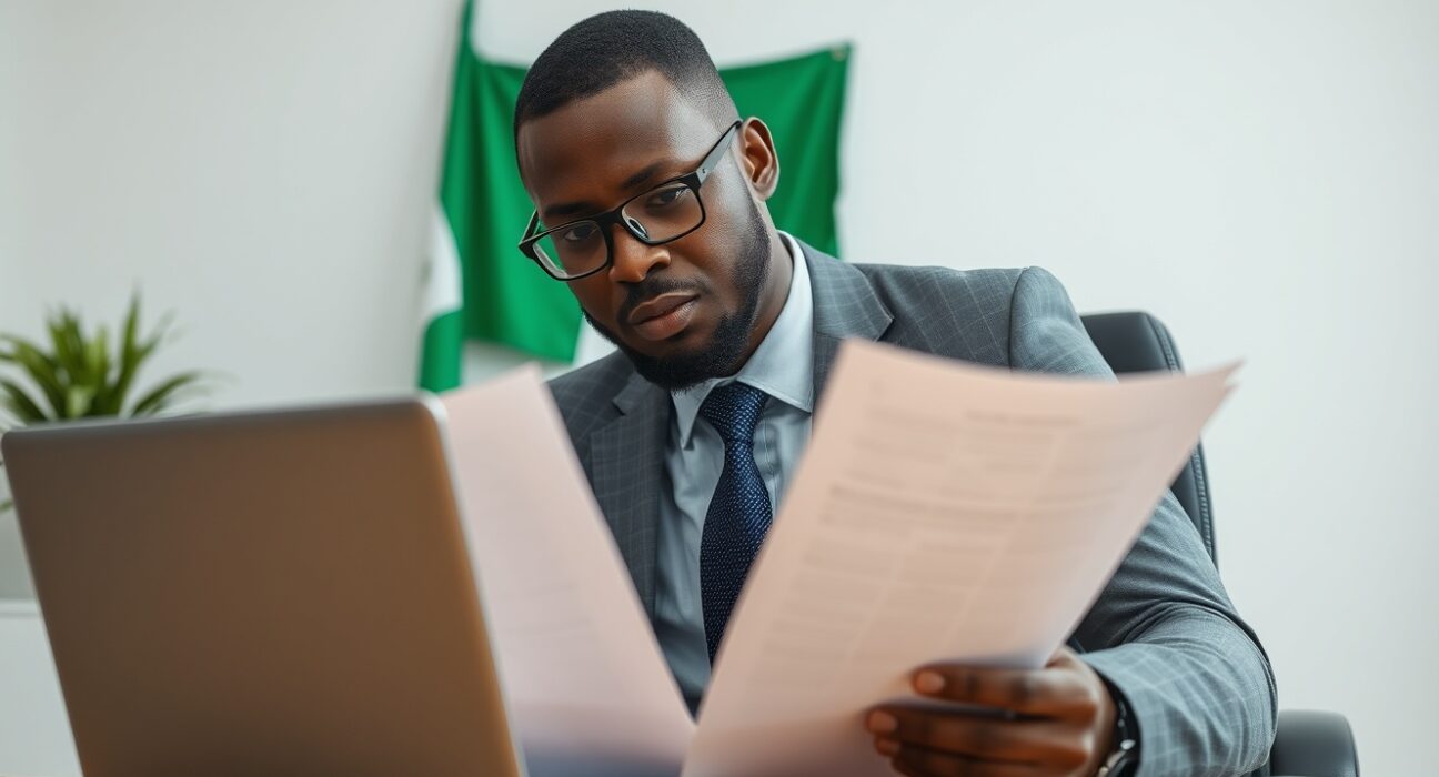 Nigerian businessperson reviewing crypto regulation documents with a laptop showing trading charts