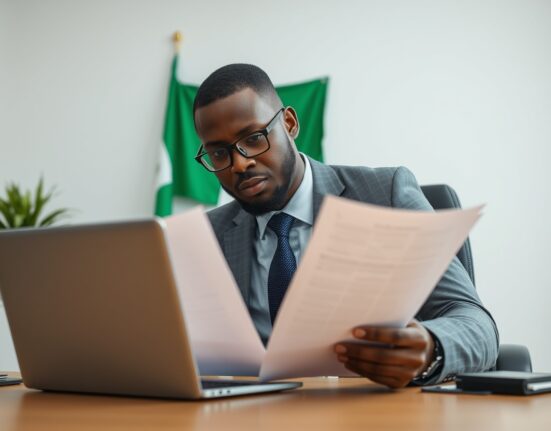 Nigerian businessperson reviewing crypto regulation documents with a laptop showing trading charts