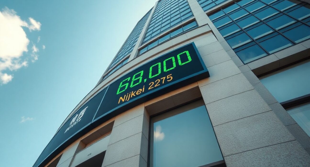 Tokyo Stock Exchange building with digital ticker showing Nikkei 225 at 68,000