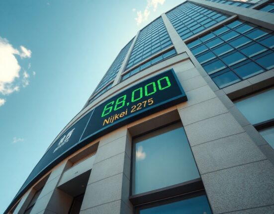 Tokyo Stock Exchange building with digital ticker showing Nikkei 225 at 68,000