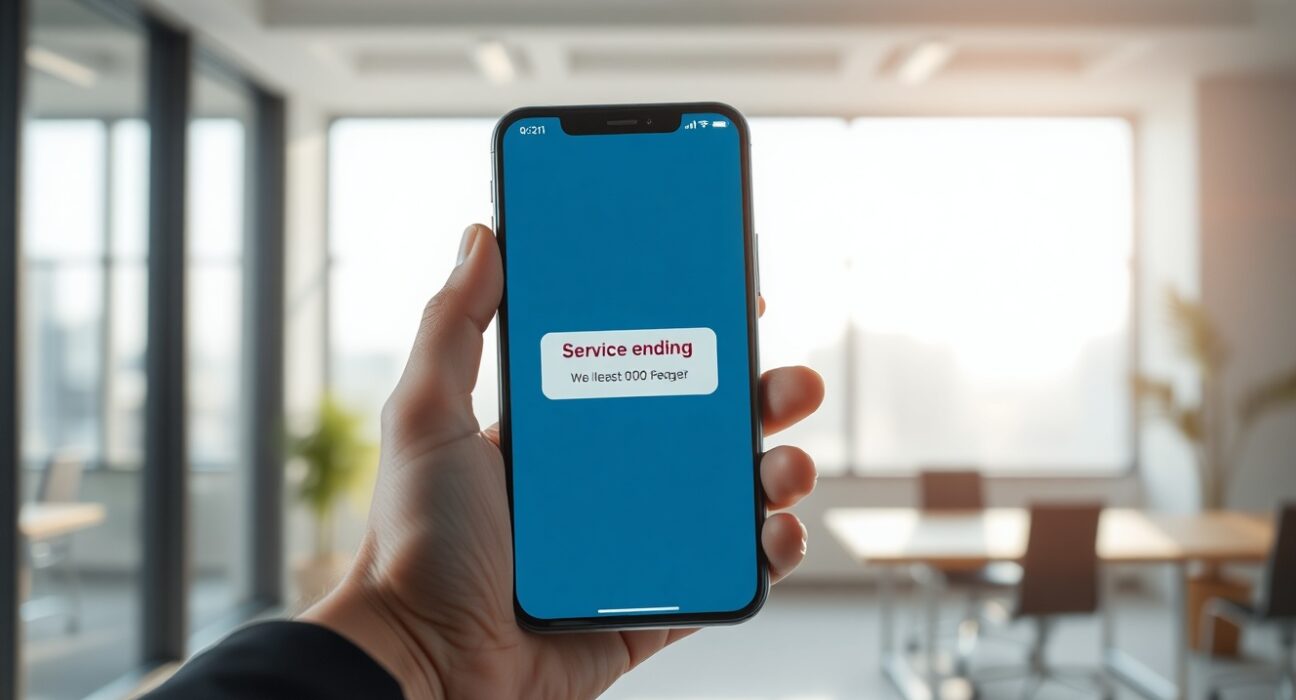 Smartphone displaying a digital wallet app with a service termination notice in a modern office setting