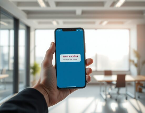 Smartphone displaying a digital wallet app with a service termination notice in a modern office setting
