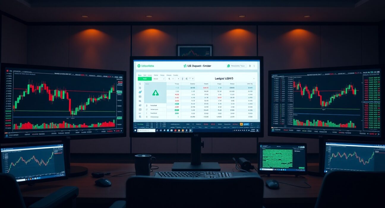 Financial trading desk with monitors showing cryptocurrency charts and order book