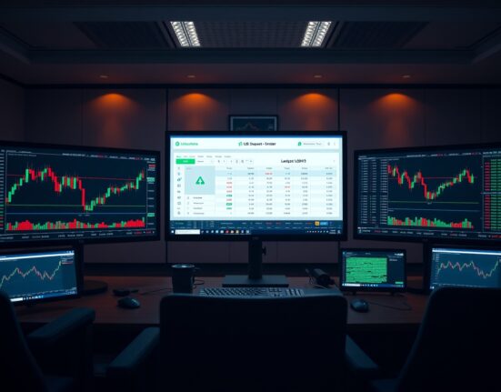 Financial trading desk with monitors showing cryptocurrency charts and order book